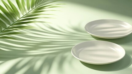 Aufkleber - Two empty plates on a green background with palm leaf shadow.