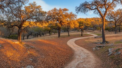 Poster - Winding dirt road through autumnal oak grove at sunset.