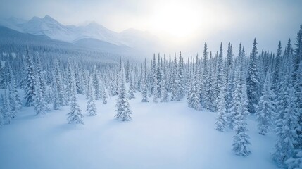 Aufkleber - Snow-covered pine forest in mountains under a bright winter sun.