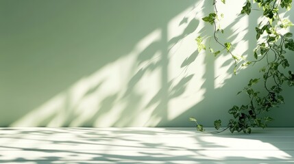 Poster - Sunlight streams through window, casting shadows on a pale green wall and white floor with ivy vine.