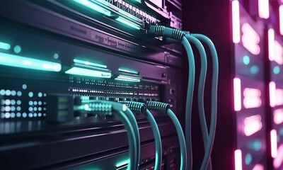 Wall Mural - neon lit server room: a glimpse into the digital heart