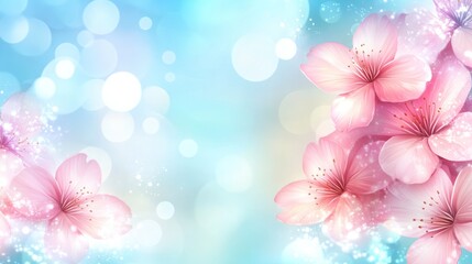 Aufkleber - Delicate pink cherry blossoms on a soft blue background with bokeh effect.