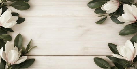 Aufkleber - White magnolia blossoms and green leaves arranged on a light wooden background, creating a frame.