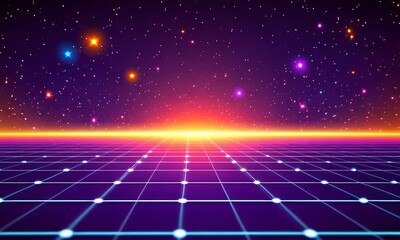 Wall Mural - Retro Futuristic Gridscape: 80s Synthwave Sunset and Stars