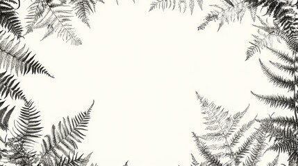 Wall Mural - 4.A highly detailed vector composition of fern fronds creating an intricate frame around a central space, with each leaf meticulously outlined in fine lines to capture the delicate structure of the