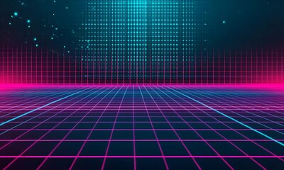 Wall Mural - Retro Futuristic Grid Background: Neon Lights and Digital Aesthetics