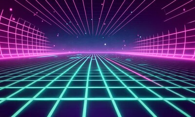 Wall Mural - Retro Futuristic Grid Landscape: A Neon 80s Cyberpunk Dreamscape