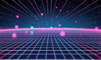 Sticker - Retro Futuristic Synthwave Gridscape: 80s Cyberpunk Digital Art