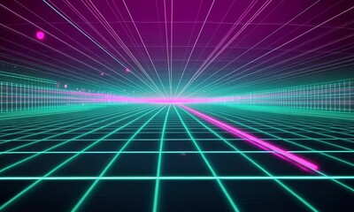 Wall Mural - Retro Futuristic Grid Landscape: A Neon 80s Synthwave Digital Art