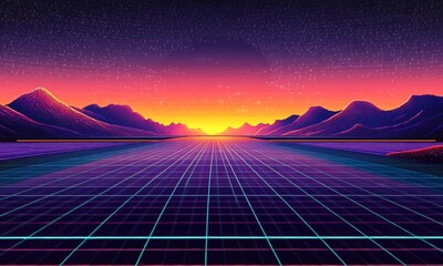 Wall Mural - Retro Futuristic Sunset Landscape: A Digital Art Masterpiece