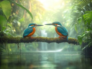 Poster - Two kingfishers face each other on a branch over a jungle stream.