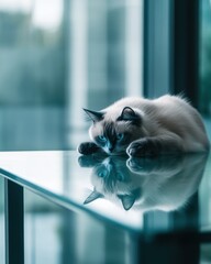 Poster - Ragdoll cat with blue eyes lying on a glass table, reflecting in the surface.
