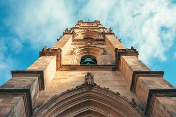 Poster - Low-angle view of a tall, beige stone tower with a bell in a niche, against a partly cloudy blue sky.