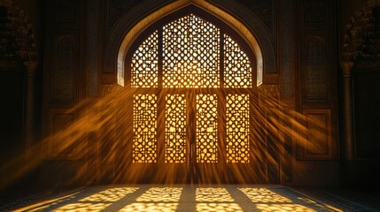 Aufkleber - Sunbeams illuminate ornate arched doorway and intricate lattice window in ancient building.