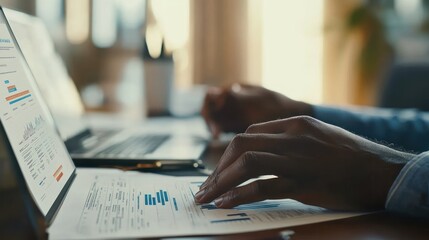 Aufkleber - Close-up of hands analyzing financial data on laptop and documents.