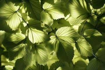 Poster - Backlit green leaves, sunlight filtering through foliage, natural texture, vibrant spring leaves.