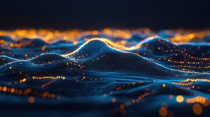 Aufkleber - Abstract digital landscape with glowing particles forming undulating hills and valleys.