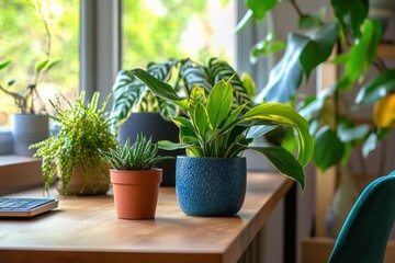 Poster - Potted plants on a wooden desk near a window.