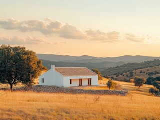 Aufkleber - White farmhouse on a hill at sunset, surrounded by golden fields and mountains.