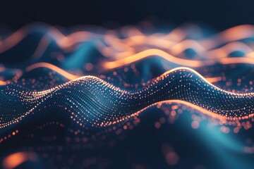 Poster - Abstract digital wave of glowing particles, dark blue and orange hues.