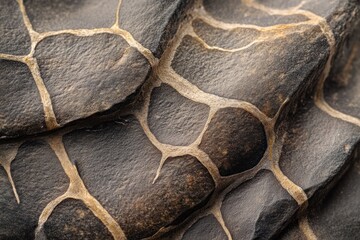 Poster - Close-up of textured dark brown stone surface with light beige veins, resembling a reptile's shell.