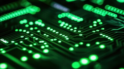 Poster - Close-up of a green illuminated circuit board with glowing components.