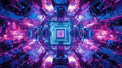 Poster - Abstract digital tunnel with vibrant pink and blue glowing lights.