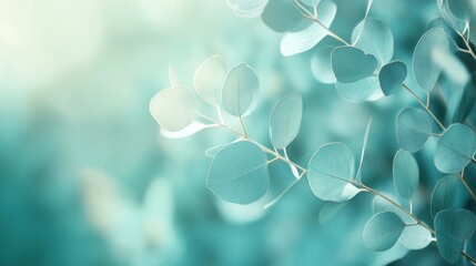 Poster - Close-up of delicate, teal-toned eucalyptus leaves bathed in soft sunlight, creating a serene, natural backdrop.