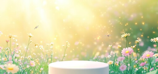 Aufkleber - White platform in sunlit floral field.