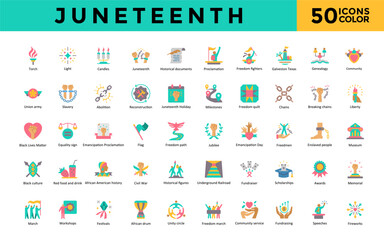  Juneteenth icon set with torch, light, candles, historical documents, proclamation, freedom fighters, galveston texas, genealogy icon. Simple flat color vector 
