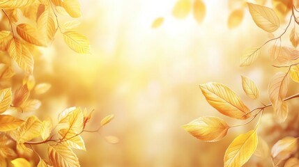 Poster - Golden autumn leaves frame on sunny bokeh background.