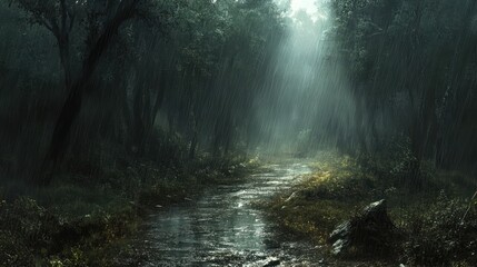 Poster - Rain-soaked path through a dark, lush forest with sunlight breaking through the canopy.