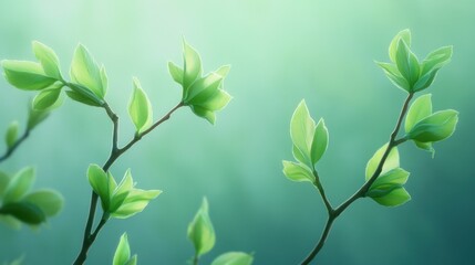 Poster - Two delicate branches with vibrant, fresh green leaves against a soft, blurred teal background.