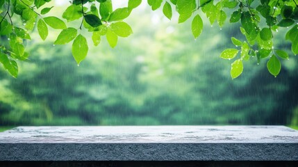 Aufkleber - Rainy day, stone table with green leaves background.