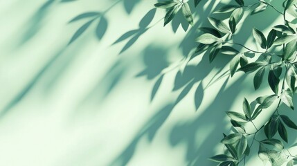 Aufkleber - Green leaves cast shadows on a pastel background.