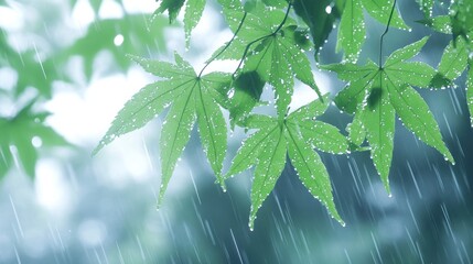 Aufkleber - Rain falling on vibrant green maple leaves.