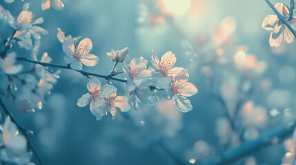  Delicate white blossoms on a branch, backlit by soft sunlight, creating a dreamy, pastel-toned image.