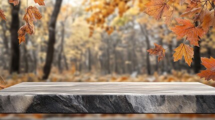 Poster - Empty marble table against blurred autumn forest background.