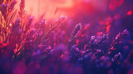 Aufkleber - Vibrant sunset illuminates a field of purple wildflowers, creating a dreamy, magical atmosphere.