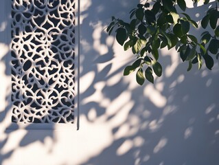 Poster - Ornate white wall with leafy shadows and decorative panel.