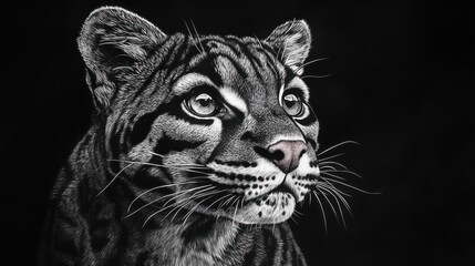 Poster - Close-up portrait of an ocelot, its gaze directed upward, set against a stark black background.