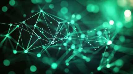 Fototapete - Abstract green network connection, digital data flow, glowing particles.