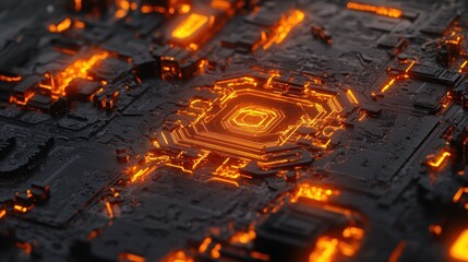 Fototapete - Glowing orange circuits on a dark tech background.