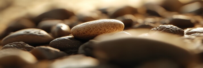 Poster - Close-up of smooth, light brown stones resting on darker stones, bathed in soft sunlight.