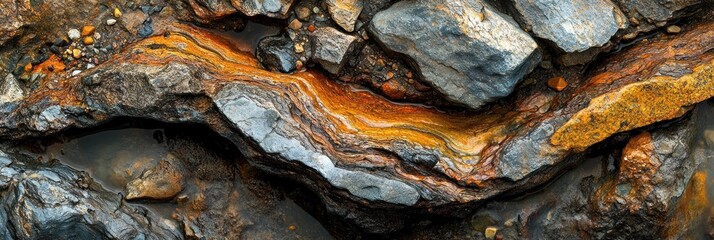 Aufkleber - Close-up of textured rocks with orange mineral deposits.