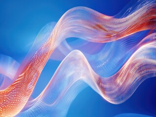 Poster - Abstract flowing orange and blue wave lines on a dark blue background.