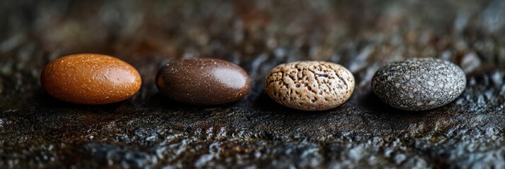 Poster - Four smooth oval stones in brown, dark brown, light brown, and grey, arranged in a row on a dark textured surface.