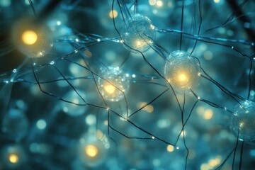 Poster - Microscopic view of interconnected neurons with glowing nodes, representing neural network or brain activity.