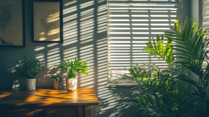 Poster - Sunlit room interior with plants, wooden table, and blinds casting shadows on a grey wall.