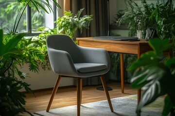 Leinwandbilder - Grey armchair in a home office surrounded by lush greenery.